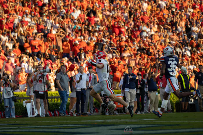 Brock Bowers Scores in the third fourth quarter against Auburn / Photo Credit - Brooks Austin 